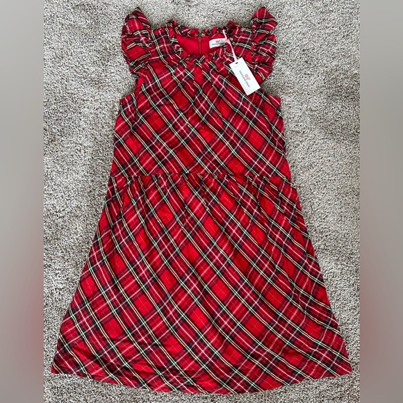NWT Vineyard Vines Plaid Ruffle Tiered Dress Red Velvet Rayon Metallic - Picture 2 of 12